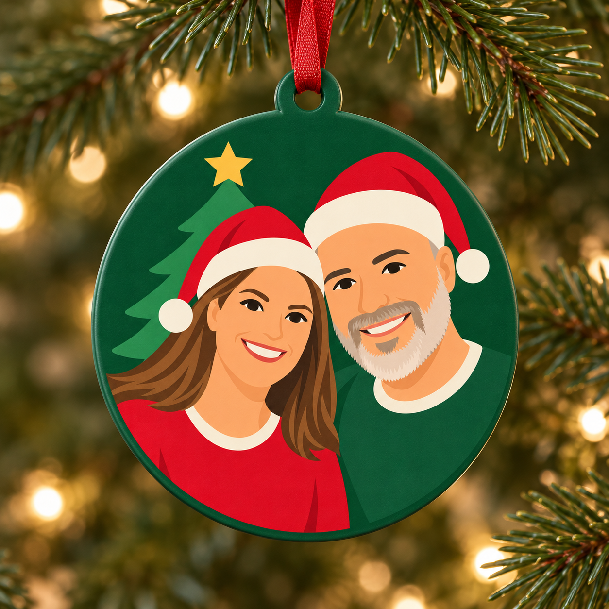Illustrative mockup of the design as a physical ornament hanging on a tree